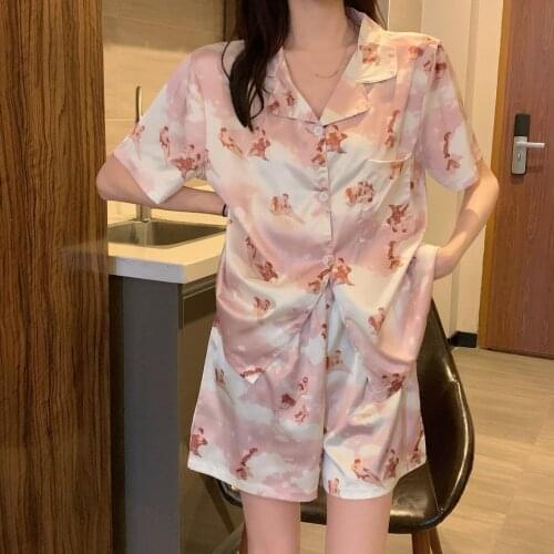 Little Angel Summer Pajamas Set Women Single Breasted Shirts + Shorts Set Two Piece Home Suit Stain Printed Kawaii Vintage Pink