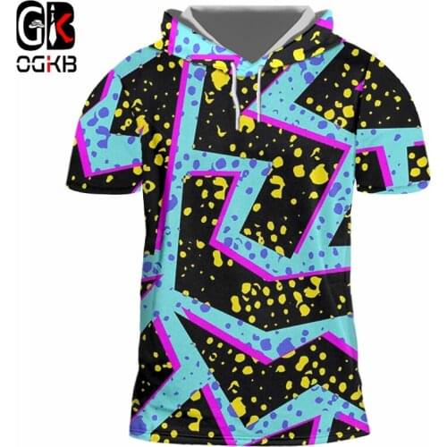 OGKB Summer Men Hooded Tshirt Cool Print Blue Flash Light 3d Cap T-shirts New Summer Man Hiphop Streetwear Short Sleeve Hoodies