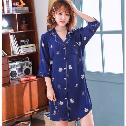 Oversized Print Nightdress Casual Women Kimono Gown Silky Satin Nightgown Bathrobe Sleepwear Loose Shirt Style Intimate Lingerie