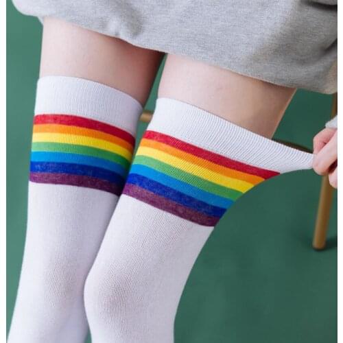 Rainbow Stripes Knee Leg Socks Knee Stockings Cotton Day Is The Korean Version of The College Wind Lady Thigh Socks