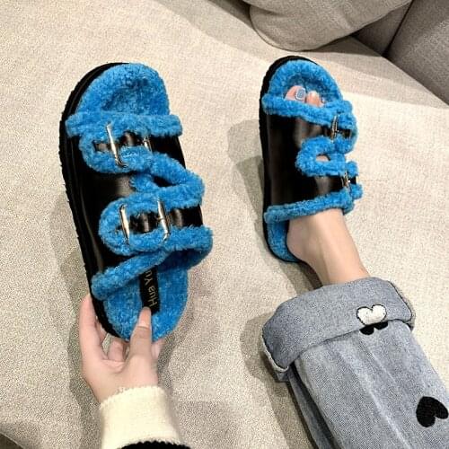 WHNB 2021 New Luxury women Wool shoes femmes Flats Fur slippers Winter House Warm Designer Slippers outdoor Non-slip