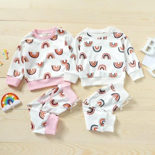 2021-07-02 Lioraitiin 0-3Years Toddler Baby Girl Autumn Clothing Set Long Sleeve 2Colors Rainbow Printed Top Long Pant