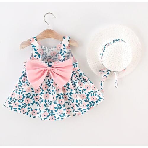 Flower Girl Dresses Baby Girl Clothes 2 Pcs Floral Print Bow Strap Girls Dress+hat Kids Clothes Cute Party Princess Dress 0-24M