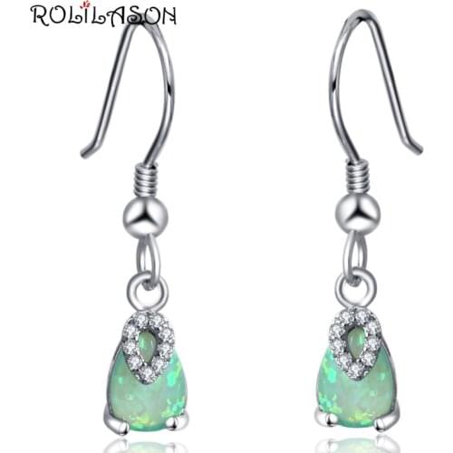 ROLILASON Water drop gift For Women green fire opal Drop Earrings 925 Silver stamped fashion Jewelry OE766