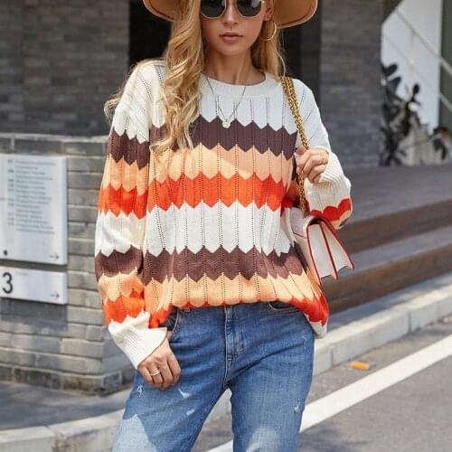 ZJZLL Hot Sale Autumn Winter New Fashion Warm Knitted Loose Pullover Wave Striped Stitching Contrast Color Sweater Top for Women