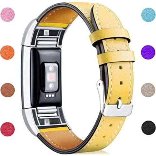 Genuine Leather Band for Fitbit Charge 2 Bands Classic Wristband Metal Connectors Fitness Strap Women Men Small Large 9.6