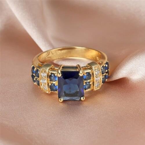 Luxury Royal Blue Zircon Square Stone Rings For Women Wedding Jewelry Vintage Fashion Yellow Gold Engagement Ring Bridal Gifts