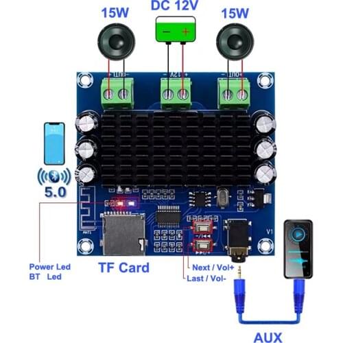 TDA7297 2*15W Amplifier Board Bluetooth 5.0 Class AB Stereo Dual amplificador Channel AUX / Bluetooth / TF Card Amp