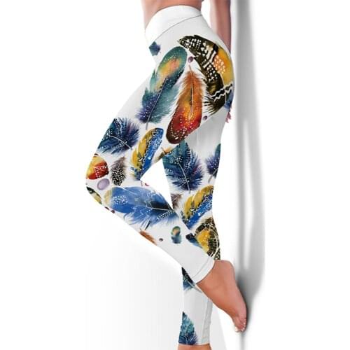 New arrival Women Leggings Workout Sport Legging Digital Feather Print Stretch Fitness Running Pants High Waist Push Up Leggins