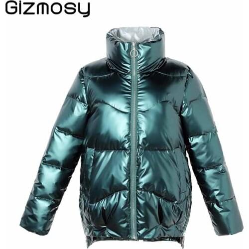 Womens Down Jacket 2020 Loose Shiny Casual Stand Collar Small Padded Jacket Thick Coat Fashion Short Winter Overcoat For Female