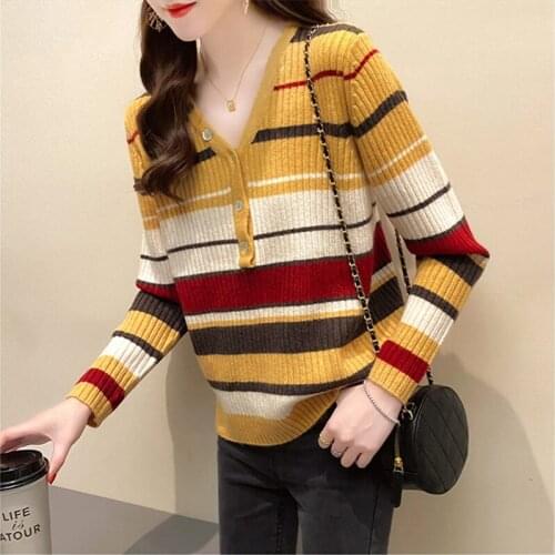 Striped Knitted Tops Womens Fall 2021 New Korean Pullover Bottoming Shirt V-neck Loose Sweater Top Women All-match aq1181
