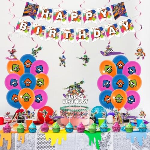 1Set Splatoon Party Supplies Shooting Game Balloons Happy Birthday Banners Splatoon Cake Toppers Decorations Boy Kids Swirl Toys