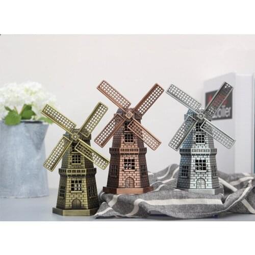 1PC Retro Style Windmill Metal Model Holland Windmill Craft Gift Manual Rotation Home Decorations Desktop Gift JL 266