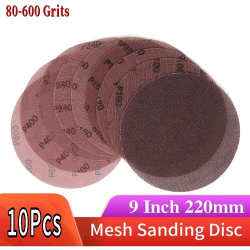 10Pcs Mesh Cloth Abrasive Disc Dust Free Sanding Discs 9 Inch 220mm Anti-blocking Dry Grinding Sandpaper 80 to 240 Grit