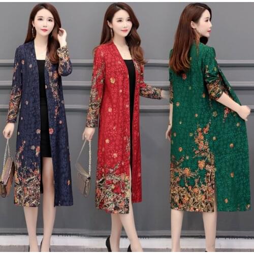 B 2019 spring womens windbreaker jacket spring and autumn womens long section new plus size 5XL ethnic wind cardigan jacket