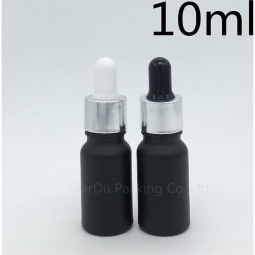 Free shipping 200pcs 10ml black frosted glass essential oil bottle with shiny silver ring dropper ,10cc glass perfume bottles