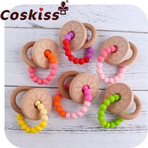Coskiss Beech Wooden Flowers BPA Free Teething Bracelet Wooden Beech Animal Teether Rattle Toy Suitable For Baby Teething Gifts