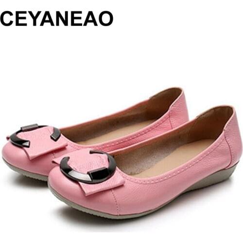 CEYANEAOFresh 2019 Spring Summer Ballet Flats Shoes Women Genuine Leather Shallow Round Toe Plus Size Leather Slip On ShoesE2123