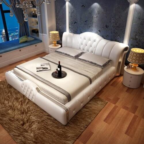 European leather wedding master bed luxury solid wood bed simple Princess bed 2 m 2.2 double bed