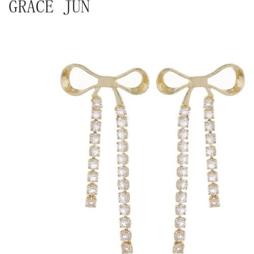 GRACE JUN Fashion Bow-knot Tassel Clip on Earrings Womens Party Birthday Popular Fake Piercing Cuff Earrings No Hole Ear Clip