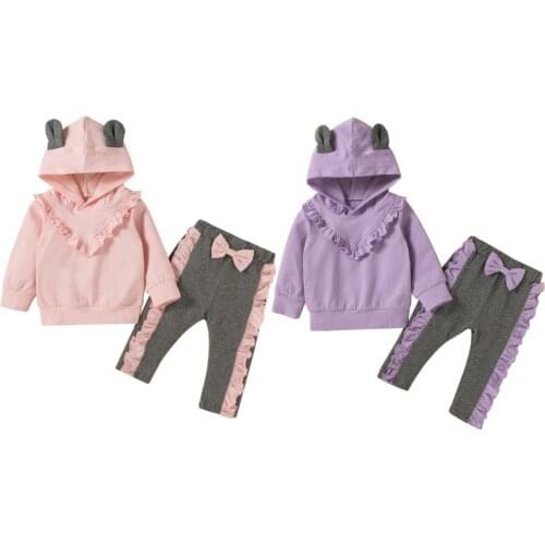 2021 New Infant Baby Girls Clothes Sets Long Sleeve Ruffle Tops Hoodie + Bowknot Trousers Casual Tracksuits Baby Autumn Outfits