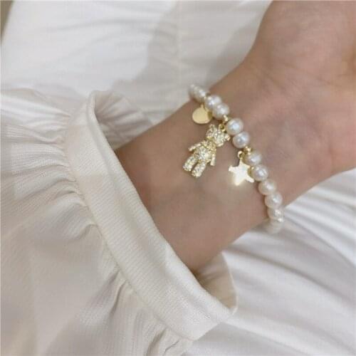 Korean Vintage Natural Freshwater Pearl Bracelet INS Micro Inlaid Bear Natural Pearl Bracelet Fashion Wedding Bracelet