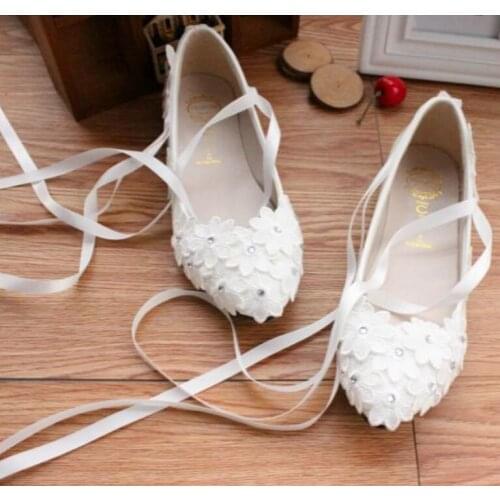 Fashion riband ribbons wedding shoes women flat heel handmade lace rhinestones brides flats shoes bridesmaid party shoes