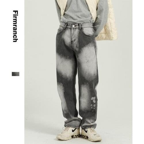 Firmranch Fall Winter Men/Women Tie-dye Korean Retro Straight Denim Pant Vintage Hiphop Streetwear Design Sense Loose Jeans Male