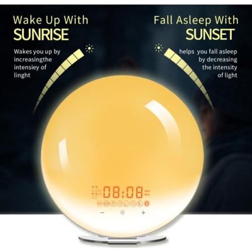 Smart Wake Up Light Sunrise Alarm Clock 7 Colors Sunrise/Sunset FM Radio Digital Nightlight Clocks For Kids Home Bedroom Decor