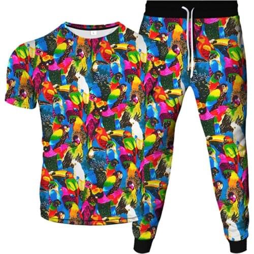 Flower Weed Animal Bird Parrot Carrton Printing Men Women Fashion Clothes Tracksuit Male T-Shirt+Jogger Pants 2pcs Set Plus Size