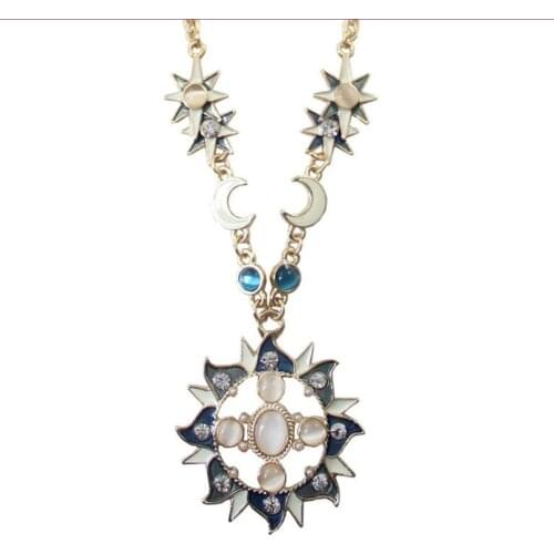 Classic Style Light Yellow Gold Color Sun and Moon Cat Eye Stone Pendant Link Chain Necklace Lucky Srar Jewelry