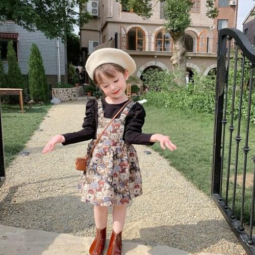 Baby Girls Long Sleeve Top Shirt with Sling Cartoon Bear Princess Dresses Toddler Children Solid Color Cotton Clothing Suits