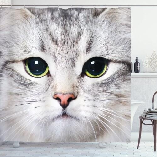 Closeup Cat Shower Curtain Set Macro Shot of Funny Fluffy Face Curtain for Bathroom Decor 12 Hooks Decorative Bath Accessory