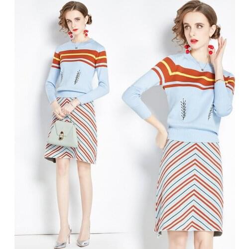 Womens Clothing Two Piece Set Office Lady Full Elastic Waist Cotton Knitted Set Striped Elegant Work Clothes 2020 New Autumn Set