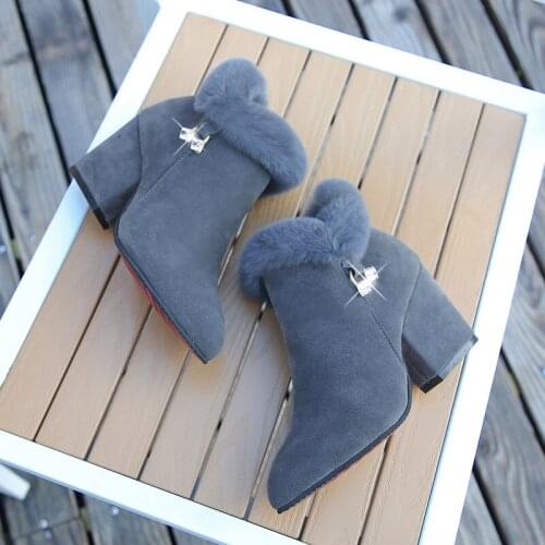 New Winter Fashion Boots For Women Medium Hight Square Heel Flock Solid String Bead Pointed Toe ZIP Faux Fur For Elegent Lady