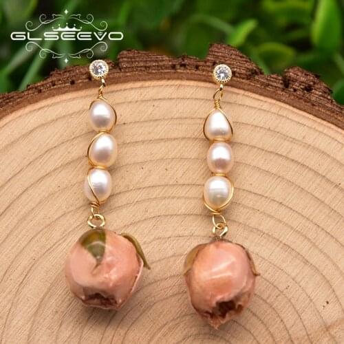 GLSEEVO Natural Freshwater Pearl Earrings Woman Eternal Flower Earrings Tassel Pendant Wedding Party Gift Luxury Jewelry GE1044