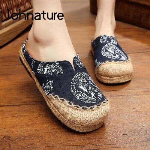 Johnature Summer Shoes Women Slippers Print Hemp Flat With Leisure Outside Slides Handmade Comfortable Sewing Concise Slippers