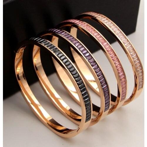 2018 Fashion Love Colorful Crystal Ice stone Square Bracelet Bangle Rose Gold Color Stainless Steel Christmas Women Party Gift