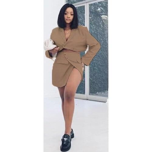 Office Lady Two Piece Skirt Sets Women Outfits Notched Neck Long Sleeve Crop Blazer Coat+buttons Up Side Split Mini Dress Suit