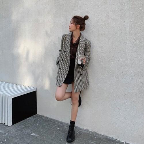 Wenfly Women Winter Wool Plaid Suit Notched Double Breasted Jacket Korean Loose Ladies Warm Thick Vintage England Outerwear