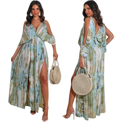 SKMY New Fashion Printed Sexy Clubwear Hollow Out Long Sleeve Irregular Dress Womens Summer Clothing Split Long Maxi Dresses