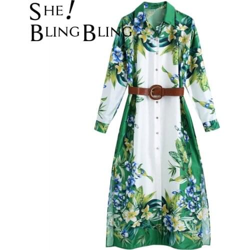 SheBlingBling Za Women Summer Fashion Print With Belt Shirt Midi Dress 2021 Woman Elegant Robe Long Sleeve Button Casual Dresses
