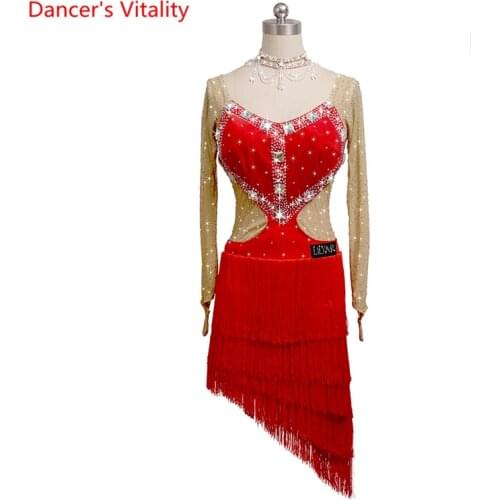 Latin Dance Competition Dress Female Adult Tassel Flash Diamond High-end Custom Dance Skirt Professional Competition Dance Wear