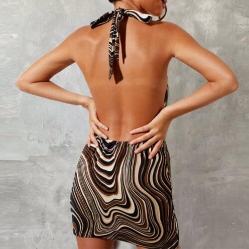 Beach Holiday Paisley Print Sexy Backless Halter 2021 Womens Summer Brown Mini Dress Bodycon Sleeveless Aesthetic Short Dresses