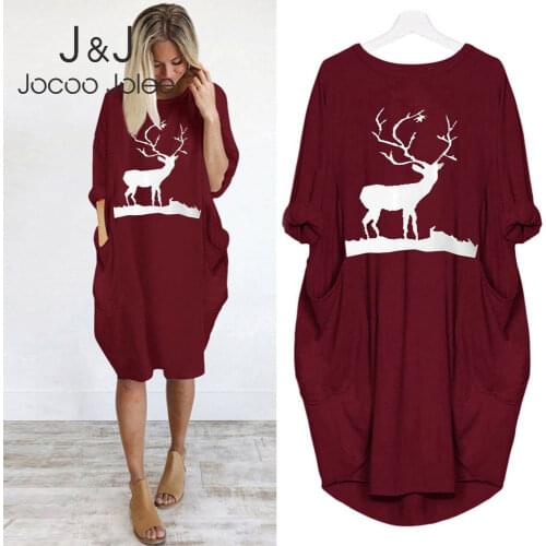 Jocoo Jolee Women Casual Elk Print Loose Dress with Pockets Spring Long Sleeve O Neck T Shirt Dress Casual Long Tops Streetwear