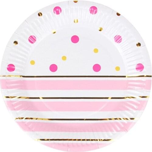 10pcs/set Gold Foil Pink Disposable Tableware Christmas New Year Party Paper Plates Cups Birthday Party Supplies Plastic Straws