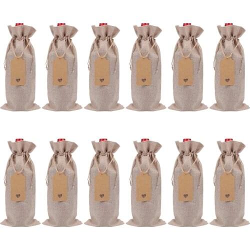12Pcs/Set Creative Wine Bag Champagne Bottle Wrapping Drawstring Cover Party Table Decor with Paper Label