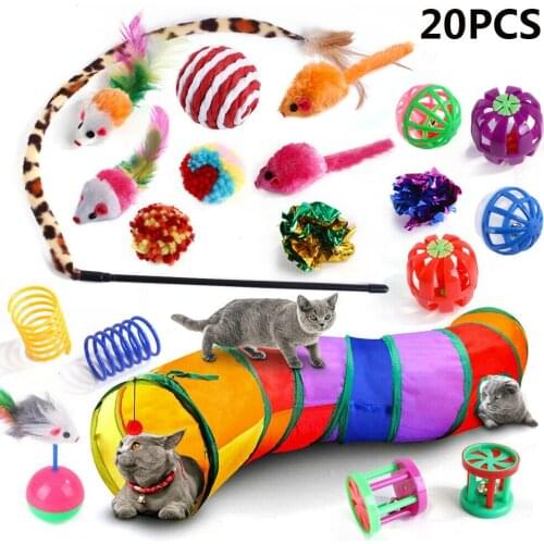 20pcs Collapsible Cat Tunnel Toys Kit Cat Teaser Feather Wand 2 Holes Play Tubes Sisal Ball Pet Supplies Mini Interactive Toys