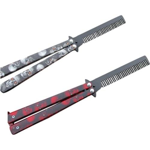 2x White /Red Hairdresser Stainless Steel Butterfly Training Combs Vintage Skeleton Folding Knife Practice Hair Brushes