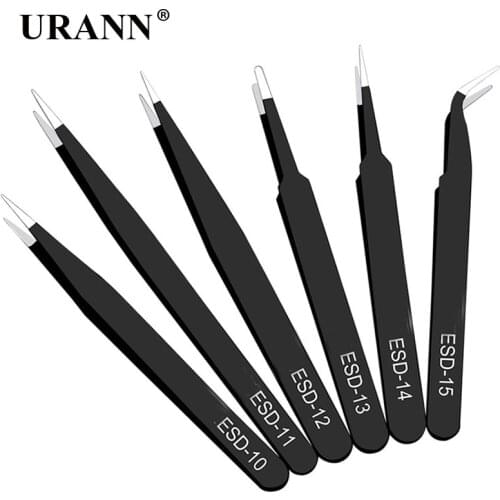 6Pcs Anti-static ESD Stainless Steel Tweezers Maintenance Tools Industrial Precision Curved Straight Tweezers Repair Tools